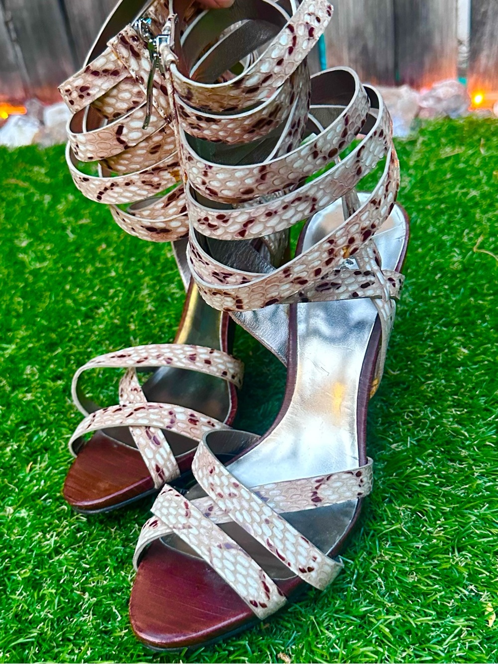 Marciano Beige Snake-Print Strappy High Heels